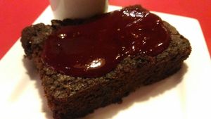 vegan brownie with red berries sauce at Amerindia in Puerto Natales