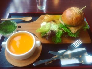 tofu burger, carrot soup, green tea pudding  at LN Fortunate Coffee 幸福咖啡 - Kwai Hing in New Territories