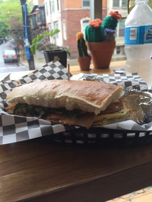 Breakfast sandwich with follow your heart egg and smoked Ham and cheese! at Berben & Wolff's in Albany