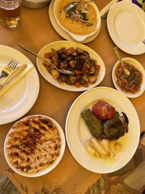 Pita, fava salad, eggplant salad, gemista and then some vegetable stew they had made spacially today. All delicious!   at Sirtaki Taverna in Rhodes