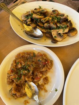 Garlic mushrooms and eggplant salad  at Sirtaki Taverna in Rhodes