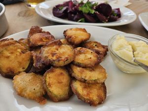 Fried zucchini skordalia & beetroot salad at Sirtaki Taverna in Rhodes