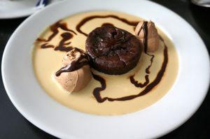 Chocolate Cake with Crème anglaise at Janine Loves Sunday in Paris