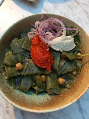 Hempseed pasta with chickpeas, cashew cheese and other accompaniments  at Galerija Food in Split