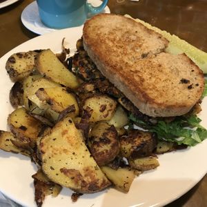 Veggie Burger on the rye bread with home fries! All other breads use an egg wash so make sure to let them know you’re vegan! at Home Kitchen Cafe in Rockland