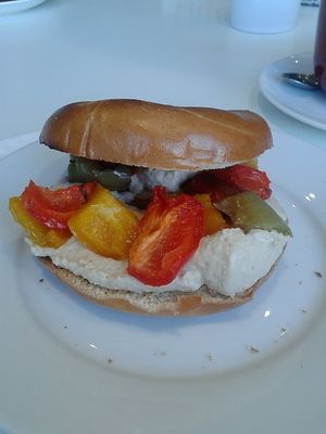 Hummus and roasted vegetables toasted bagel  at Bojangles  in Sunderland