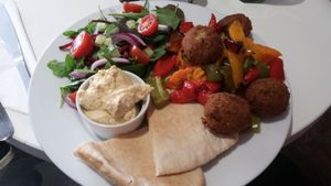 Hummus, falafel, pitta, roasted veg, sweet potato and salad at Bojangles  in Sunderland