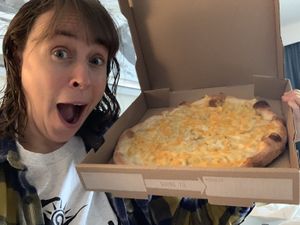 Very excited… vegan mac and cheese pizza!  at Ian's Pizza in Madison