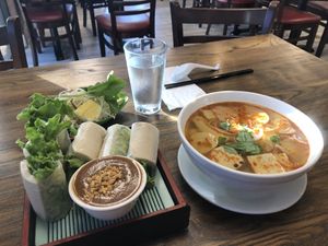 Spring rolls and spicy noodle soup (not too spicy)  at Green Lotus - Vietnam Town in San Jose
