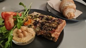 Veggie cake and croissant at Cafe Neue Liebe in Berlin