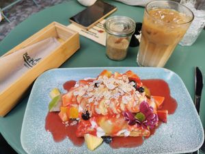 Waffle with cream and fresh fruits at Cafe Neue Liebe in Berlin