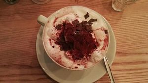 Soy hot chocolate with cream, a total indulgence and must-try! at Cafe Neue Liebe in Berlin