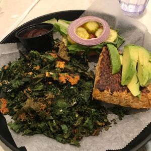  tempeh burger and kale chips (gross parmesan)  at Anna's House - Plainfield in Grand Rapids