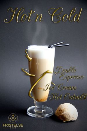 Hot'n Cold, coffee with oat milk, and vegan ice cream  at Fristelse Cafe & Bistro in Oslo