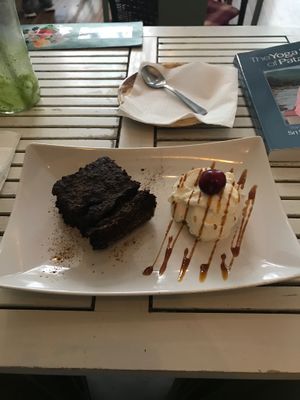 brownie with rice soy-based ice cream vegan at Sanissimo - Opera in Madrid