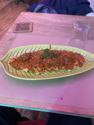 Lentil meatball rice noodle starter    at Sanissimo - Opera in Madrid