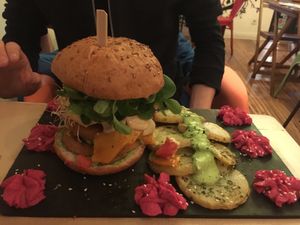 Gluten free vegan ‘Hipster’ burger (double chicken) at Sanissimo - Opera in Madrid