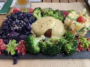 Vegetarian “meat ball” and selection of veg. at Sanissimo - Opera in Madrid