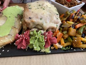 Vegetarian lasagna and mixed veg. With a side of lentils. at Sanissimo - Opera in Madrid