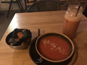 gazpacho, focaccia and juice  at Sanissimo - Opera in Madrid