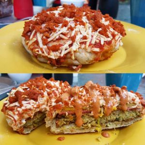 Pizzaburger with falafel patty at Vegarum in Monterrey