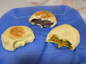 Potato, red bean, and pumpkin filling, respectively. at Irohado in Nagano