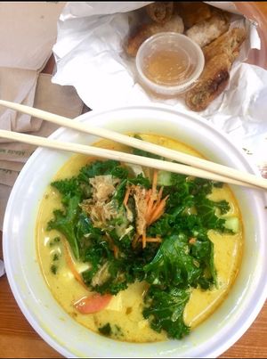 CHAU Veggie Express Vegan Golden Temple Curry Soup and Spring Rolls - about $20 at Chau VeggiExpress - Granville Island Stall in Vancouver