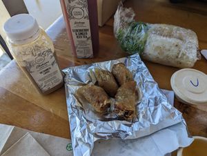 Drinks, spring rolls at Chau VeggiExpress - Granville Island Stall in Vancouver