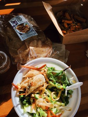 Taro chips with tofu dip + spring roll bowl at Chau VeggiExpress - Granville Island Stall in Vancouver