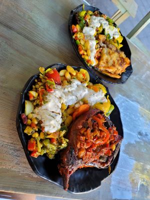 Aubergine front, moussaka rear at Kiez Vegan - Warschauer Str in Berlin