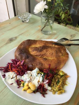 chard and potato stuffed börek & sides 7,50€ at Kiez Vegan - Warschauer Str in Berlin