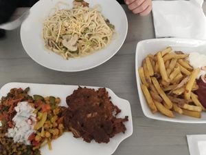 Pasta, Fries & Vegetable Fritter with Salads at Kiez Vegan - Warschauer Str in Berlin