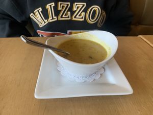 Vegan broccoli and cheddar soup at Leaf Vegetarian Restaurant in Boulder
