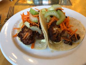 Buffalo cauliflower tacos at Leaf Vegetarian Restaurant in Boulder
