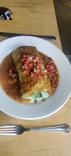 Smothered breakfast burrito at Leaf Vegetarian Restaurant in Boulder