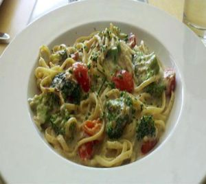 Cell phone picture of the vegan alfredo. at Leaf Vegetarian Restaurant in Boulder