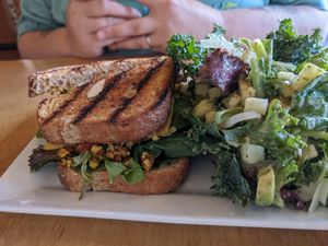 "Egg" sandwich (tofu subbed) and side salad at Leaf Vegetarian Restaurant in Boulder