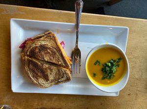 Vegan Reuben and carrot ginger soup at Leaf Vegetarian Restaurant in Boulder