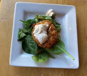Crab cake at Leaf Vegetarian Restaurant in Boulder