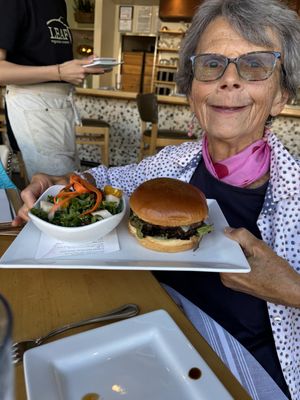 Mushroom burger and salad 🥗   at Leaf Vegetarian Restaurant in Boulder