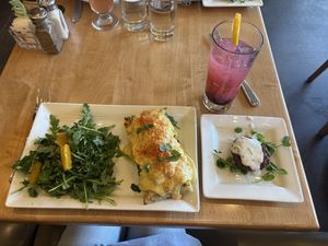 Vegan Benedict, crab cake, blackberry lemonade!   at Leaf Vegetarian Restaurant in Boulder
