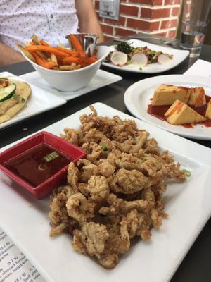 Calamari, tofu, spatzle at Leaf Vegetarian Restaurant in Boulder