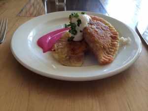 beet pierogis  at Leaf Vegetarian Restaurant in Boulder