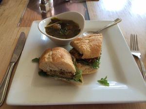 'crab cake' sandwich and vegetable soup at Leaf Vegetarian Restaurant in Boulder