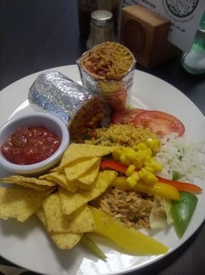 Vegan burrito with tortilla crisps, side salad and salsa dip at The Green Room in Middlesbrough