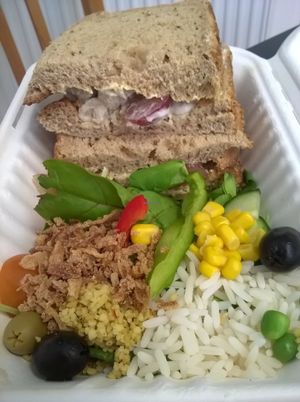 Chickless pieces sandwich with rice and salad at The Green Room in Middlesbrough