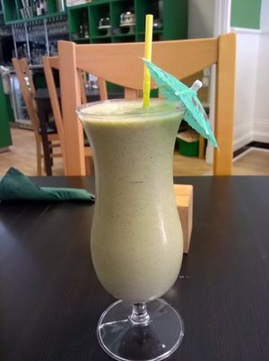 Veggie refresher smoothie - Ginger, apple, spinach, carrot and lemon zest at The Green Room in Middlesbrough