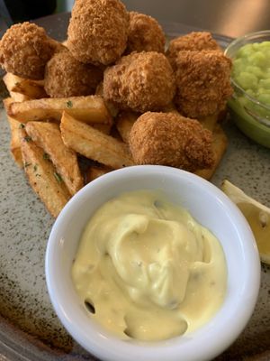 Scampi with chips, mushy peas and tartar sauce  at The Green Room in Middlesbrough