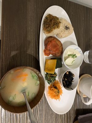 Set meal - miso, salads, 2 rice balls, tofu, vege patty    at Evah Dining Macrobiotic - Hakata Riverain Mall in Fukuoka