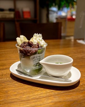 Red bean matcha dessert cup (seasonal item) at Evah Dining Macrobiotic - Hakata Riverain Mall in Fukuoka